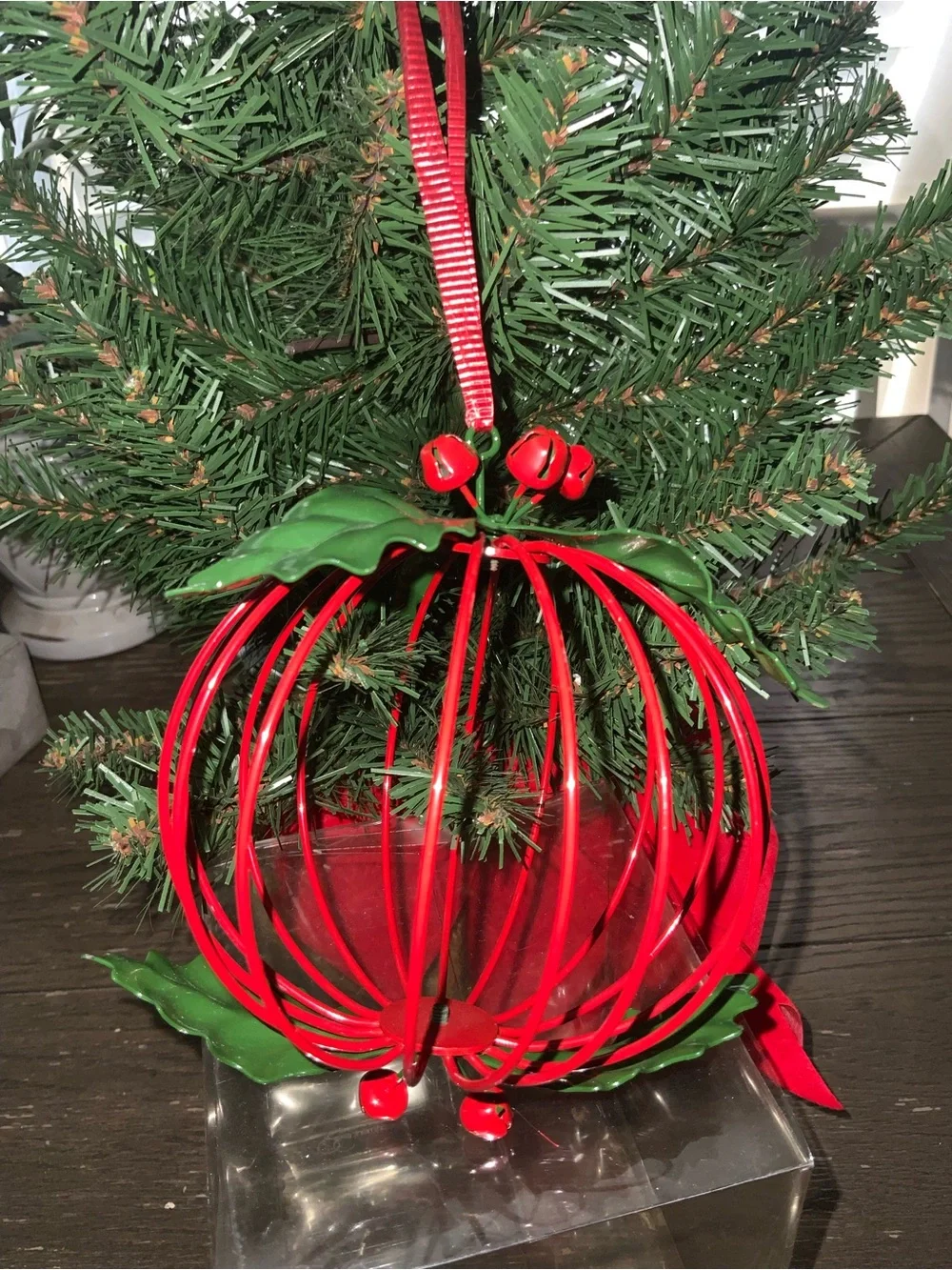 Festive Red Metal Mistletoe Ball Ornament - 7”